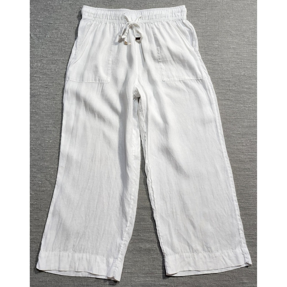 Joie White 100% Linen Wide Leg Drawstring Pants Large Elastic Waist Patch Pocket